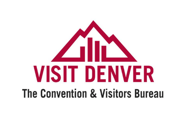A red and black logo for the denver convention & visitors bureau.