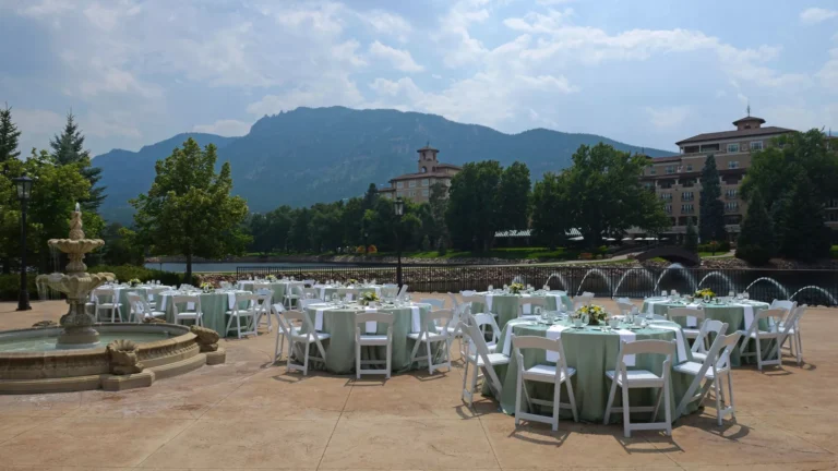 wedding reception in front of mountains